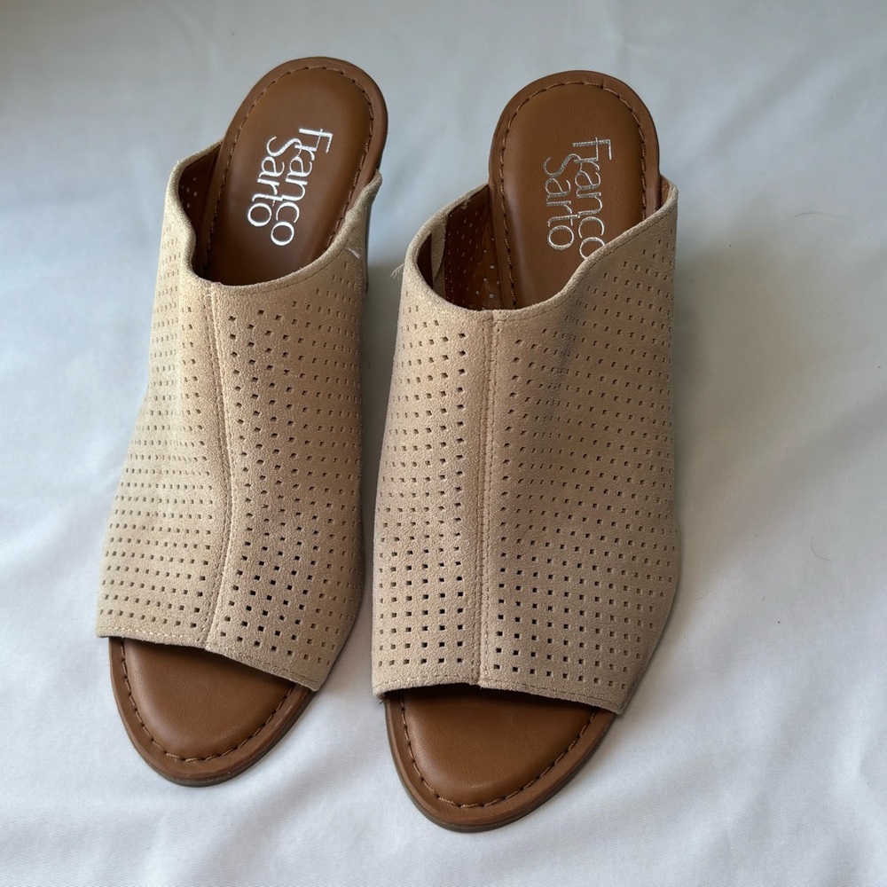 Franco Sarto Yvette2 Suede Perforated Slip On Wedge Mule Sandal Heels